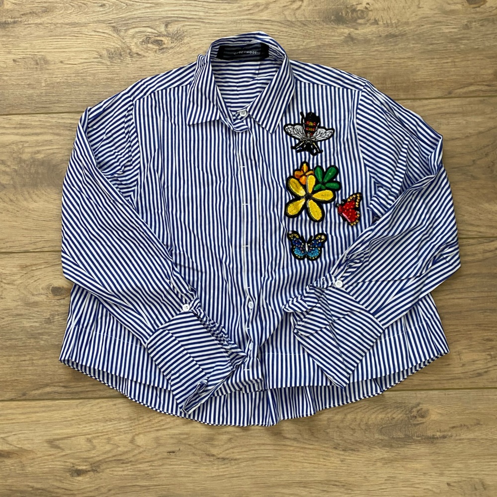 Striped Blue Kids Shirt with Embroidered Patches